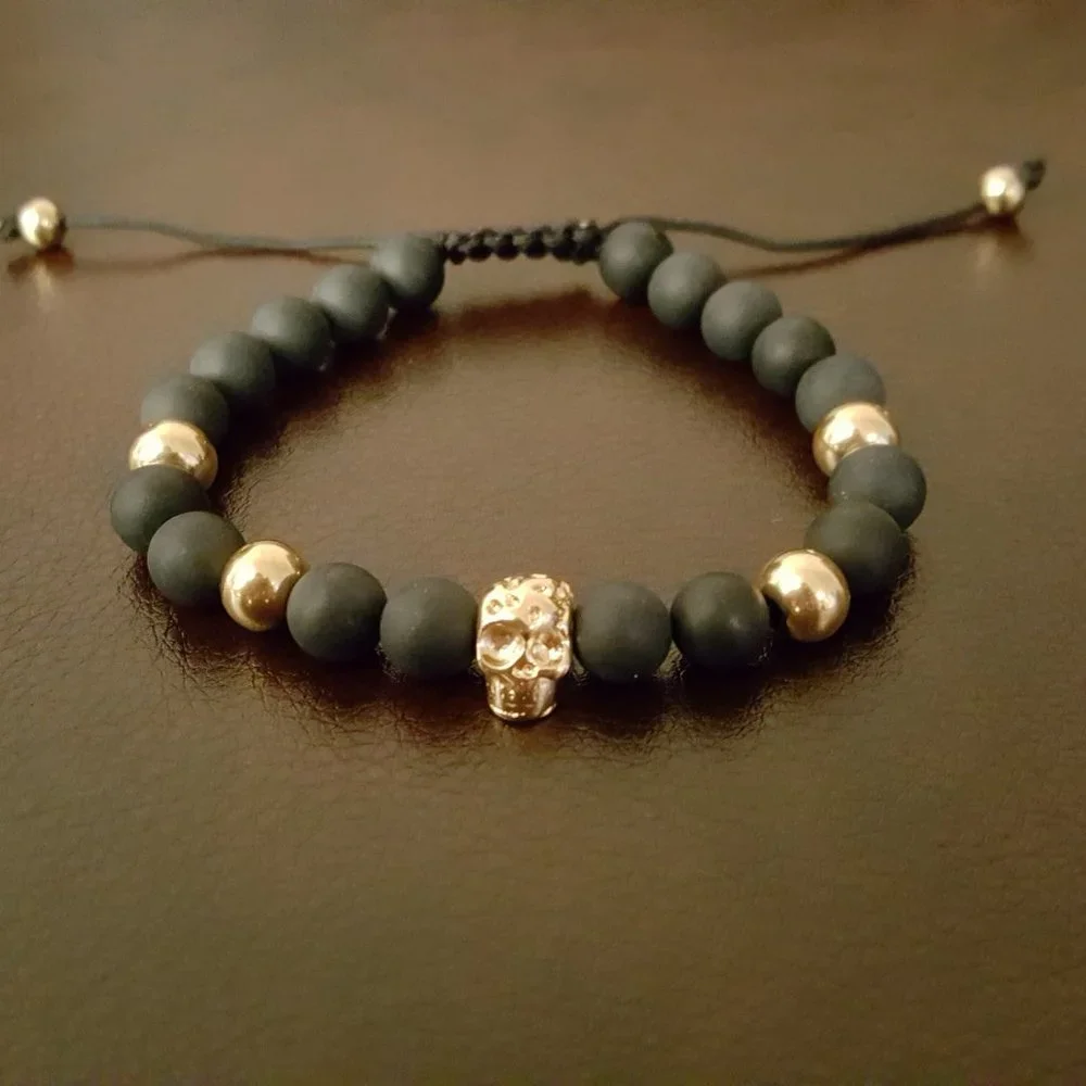Skulls Gold Matte Black Onyx Bracelet #LTS0101 - Picture 2 of 4